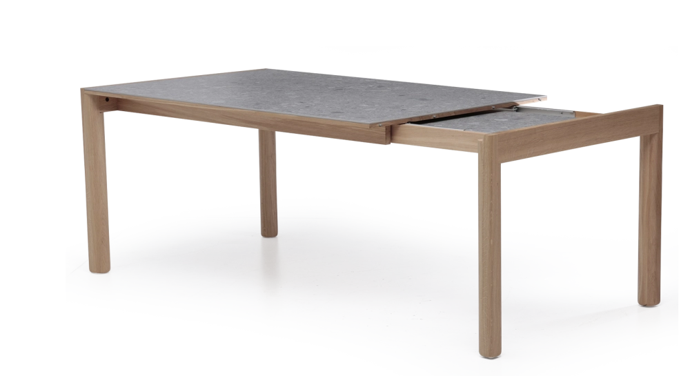 Table extensible 8 à 12 personnes en chêne et céramique allonges céramique bois teinte naturelle et céramique effet terrazzo gris 160x100 cm Table extensible 8 à 12 personnes en chêne et céramique allonges céramique bois teinte naturelle et céramique effet terrazzo gris 160x100 cm