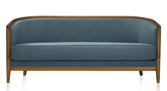 Canapé ancien 3 places accoudoirs moulurés bois teinte ancienne et tissu bleu océan