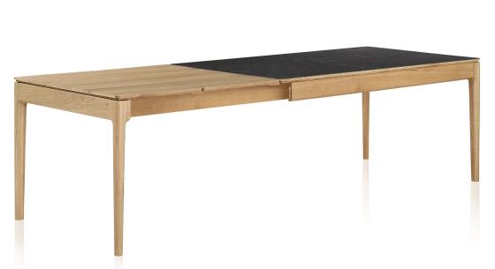 Table extensible 6 à 10 personnes en chêne et céramique allonges bois avec bois teinte naturelle et plateau céramique effet ardoise 140x90 cm