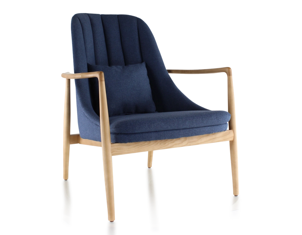 Fauteuil scandinave bois teinte naturelle et tissu bleu marine Fauteuil scandinave bois teinte naturelle et tissu bleu marine