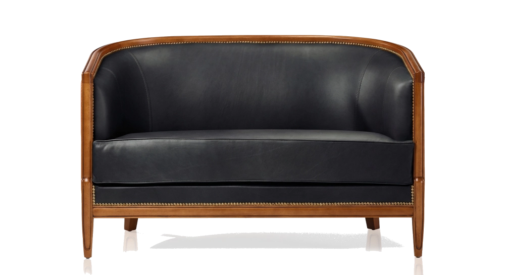 Canapé ancien 2 places accoudoirs moulurés bois teinte ancienne et cuir noir