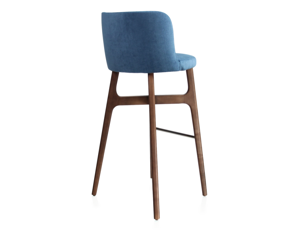 Tabouret de bar h80 cm bois teinte marron foncée assise tissu bleu jeans Tabouret de bar h80 cm bois teinte marron foncée assise tissu bleu jeans
