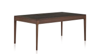 Table salle à manger 6 personnes en chêne et céramique avec bois teinte marron foncé et plateau céramique effet marbre noir 140x90 cm