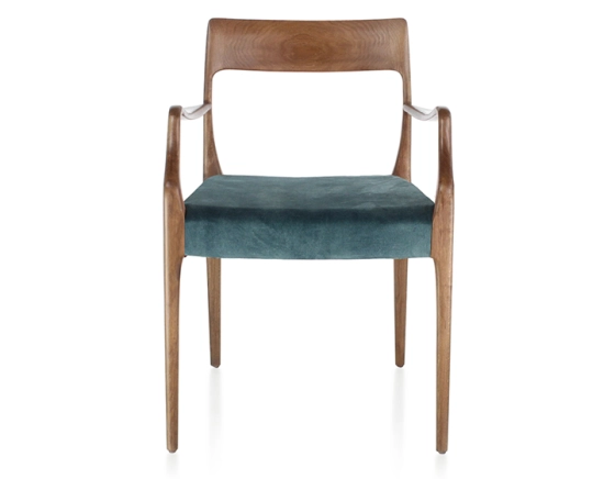 Scandinavian armchair with armrests wood stained walnut seat in petrol blue velvet fabric