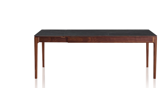 Extendable table for 8 to 12 people in walnut and ceramic, ceramic extensions with natural stained wood and ceramic slate effect top and extensions 160x100 cm