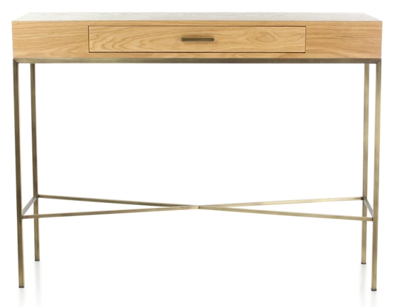 Console design natural stained ash and brass patina metal 100 cm
