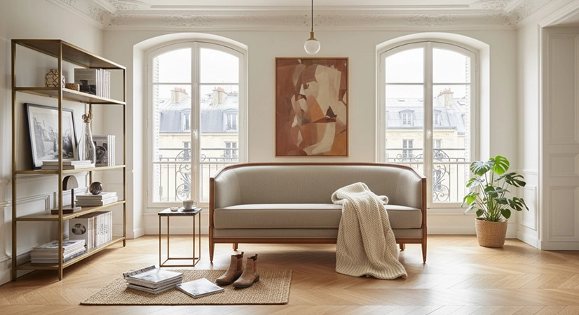 Canapé ancien 2 places bois teinte meriser et tissu gris clair