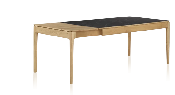 Table extensible en chêne et céramique allonges bois avec bois teinte naturelle et plateau céramique effet ardoise 140x90 cm