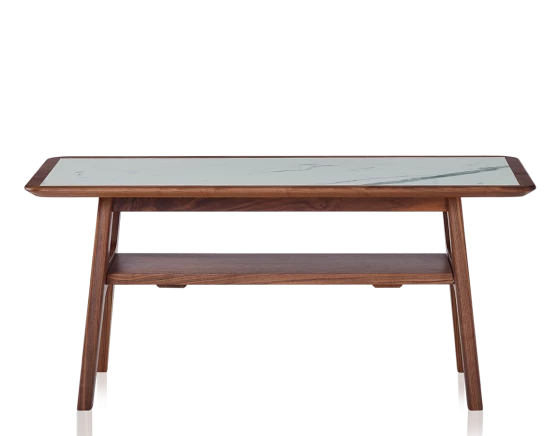 Table basse rectangulaire en noyer et céramique bois teinte naturelle plateau céramique effet marbre blanc 100x50 cm