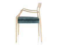 Scandinavian armchair with armrests natural stained wood, petrol blue velvet seat Scandinavian armchair with armrests natural stained wood, petrol blue velvet seat
