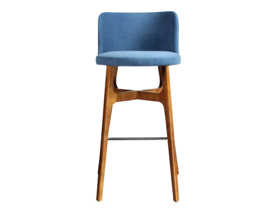 Tabouret de bar h80 cm bois teinte merisier assise tissu bleu jeans