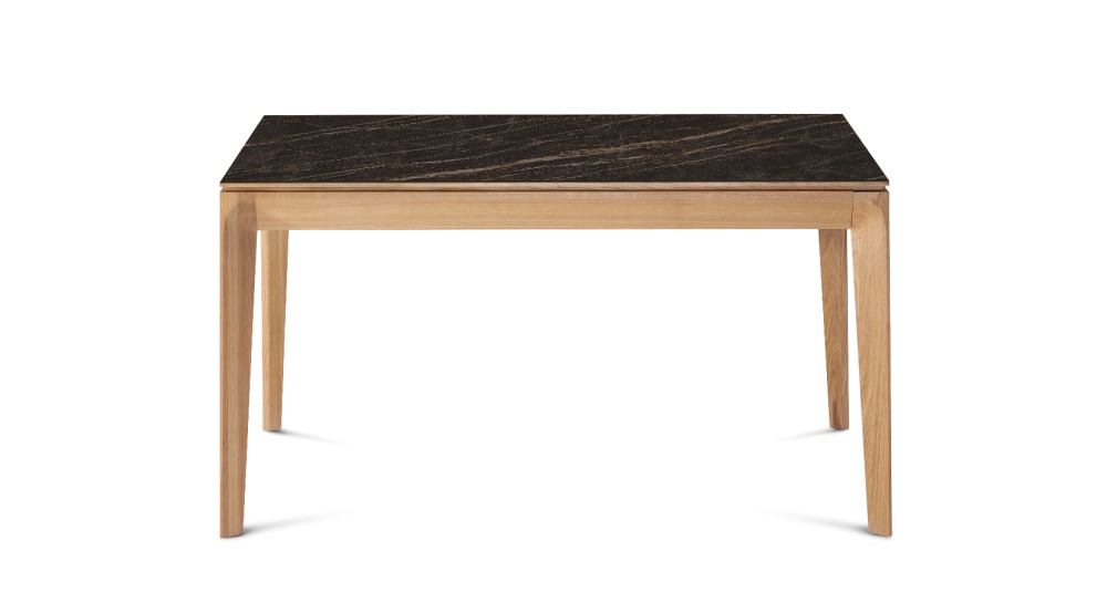 Table extensible 8 à 12 personnes en chêne et céramique allonges céramique avec bois teinte naturelle et plateau et allonges céramique effet marbre noir 180x100 cm