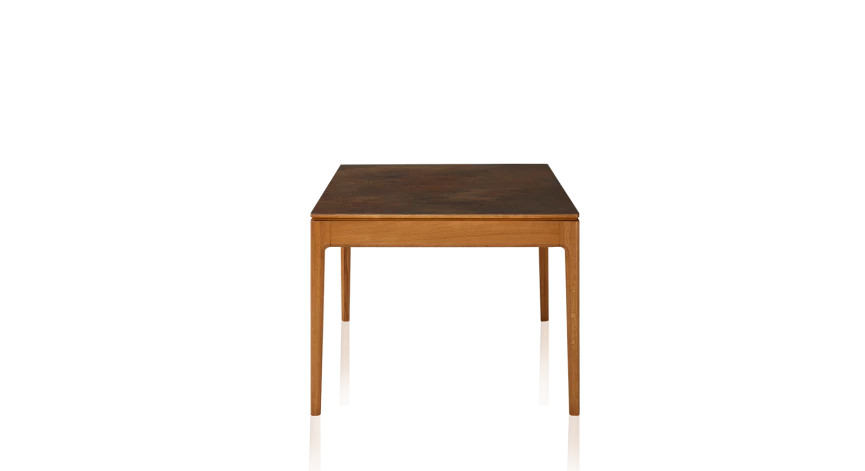 Table extensible 6 à 10 personnes en chêne et céramique allonges bois avec bois teinte merisier et plateau céramique brun oxydé 140x90 cm