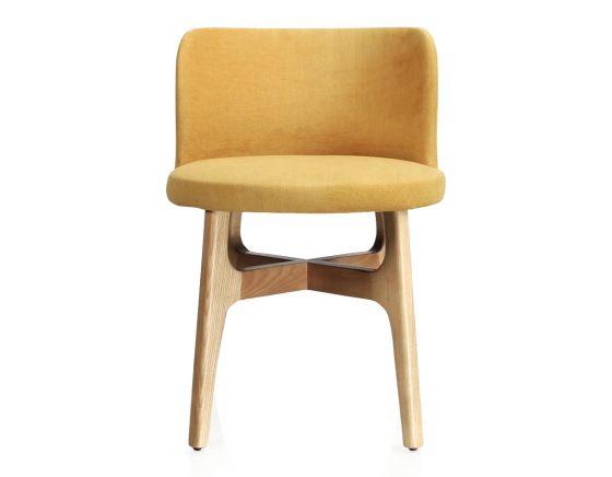 Designer chair natural wood stain yellow fabric seat