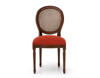 Louis XVI style antique chair dark brown stained wood with cane backrest and burnt orange fabric seat. Louis XVI style antique chair dark brown stained wood with cane backrest and burnt orange fabric seat.