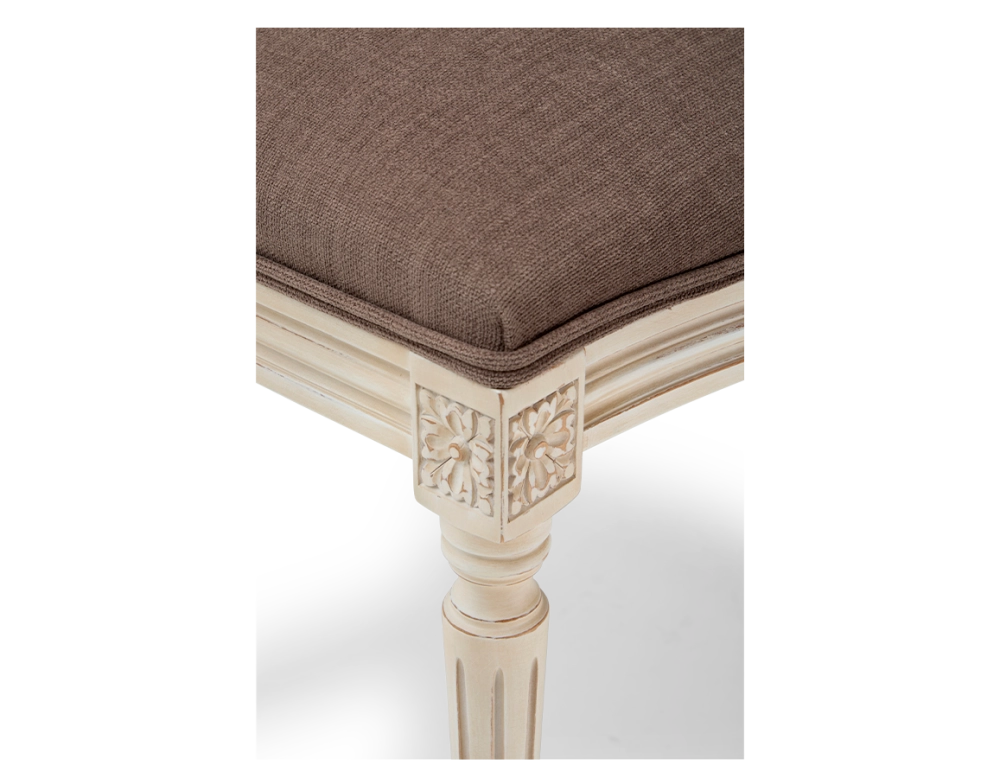 Louis XVI style antique chair white cerused wood with cane backrest and taupe fabric seat. Louis XVI style antique chair white cerused wood with cane backrest and taupe fabric seat.