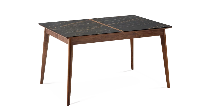 Table extensible 6 à 12 personnes en noyer et céramique allonges bois avec bois teinte naturelle et plateau céramique effet marbre noir 140x100 cm