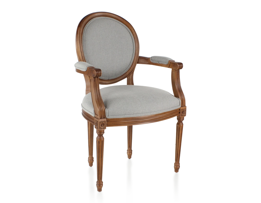 Chaise ancienne style Louis XVI avec accoudoirs bois teinte ancienne et tissu gris clair Chaise ancienne style Louis XVI avec accoudoirs bois teinte ancienne et tissu gris clair