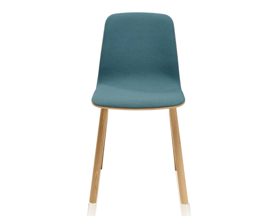 Upholstered oak designer chair natural stained wood, ocean blue fabric seat