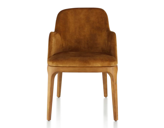Chaise design avec accoudoirs teinte merisier et tissu velours bronze
