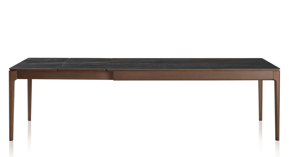 Table extensible 8 à 14 personnes en chêne et céramique allonges céramique avec bois teinte marron foncé et plateau et allonges céramique effet marbre noir 210x100 cm