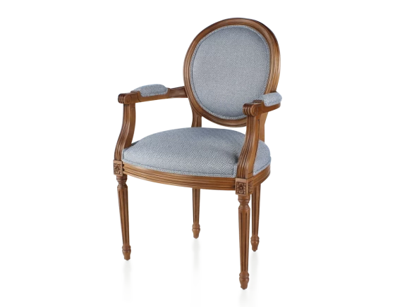 Chaise ancienne style Louis XVI avec accoudoirs bois teinte ancienne dossier canné assise tissu chevron bleu