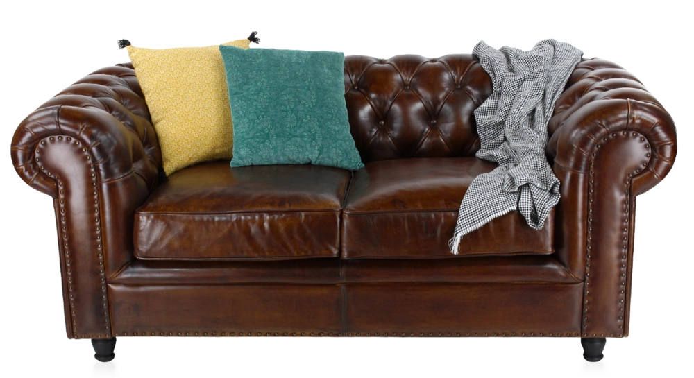 Canapé Chesterfield cuir 2 places marron soutenu accoudoirs cloutés Canapé Chesterfield cuir 2 places marron soutenu accoudoirs cloutés