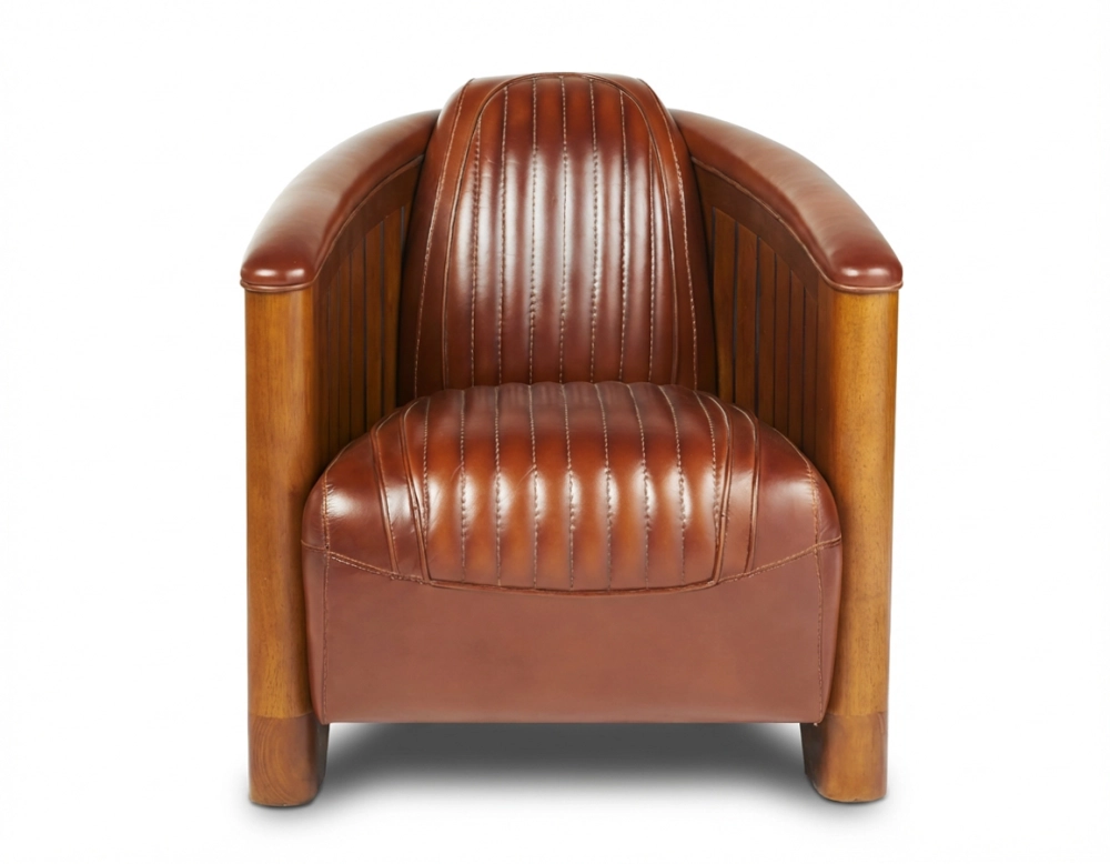 Fauteuil club bois et cuir marron vintage