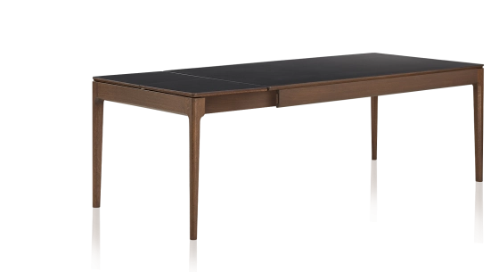 Table extensible 6 à 10 personnes en chêne et céramique allonges céramique avec bois teinte marron foncé et plateau et allonges céramique noire unie 160x100 cm