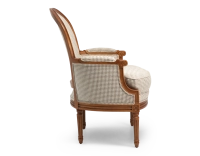 Louis XVI style bergère armchair wood antique stain and white and taupe houndstooth fabric Louis XVI style bergère armchair wood antique stain and white and taupe houndstooth fabric