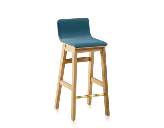 Oak bar stool H60 cm natural stained wood, ocean blue fabric seat
