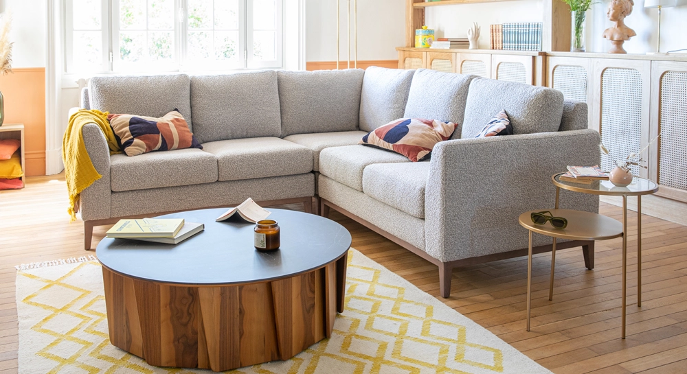 6 seater corner sofa with longer left hand corner light taupe bouclé fabric (3G - A - 2D) 6 seater corner sofa with longer left hand corner light taupe bouclé fabric (3G - A - 2D)