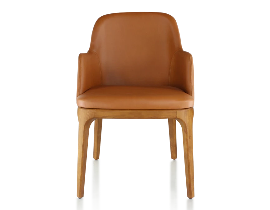 Chaise design avec accoudoirs bois teinte merisier et cuir caramel