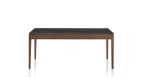 Table extensible en chêne et céramique allonges bois avec bois teinte marron foncé et plateau céramique effet marbre noir 140x100 cm