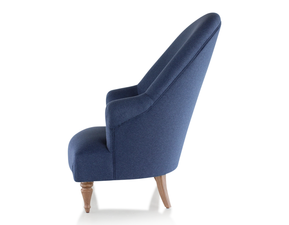 Fauteuil crapaud avec accoudoirs pieds bois teinte noyer et tissu bleu marine haut dossier Fauteuil crapaud avec accoudoirs pieds bois teinte noyer et tissu bleu marine haut dossier
