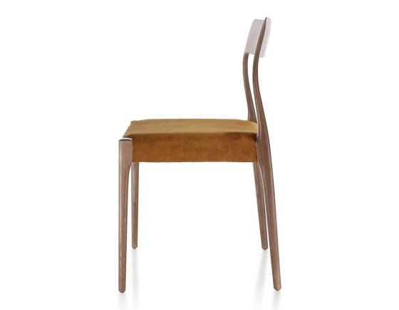 Scandinavian chair wood stained dark brown, bronze velvet fabric seat