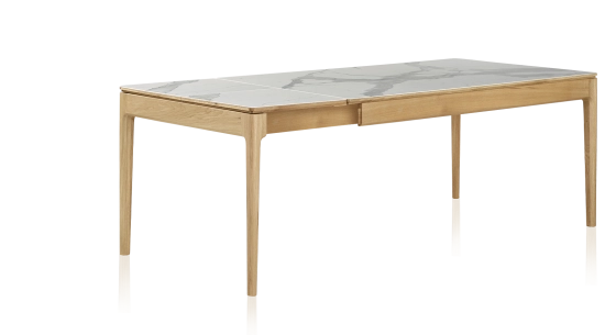 Table extensible 8 à 12 personnes en chêne et céramique allonges céramique avec bois teinte naturelle et plateau et allonges céramique effet marbre blanc 160x100 cm