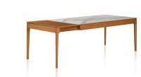 Table extensible en chêne et céramique allonges bois avec bois teinte merisier et plateau céramique effet marbre blanc 210x100 cm