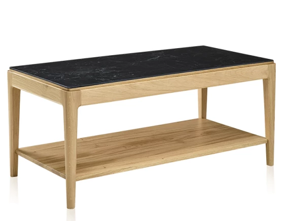 Table basse rectangulaire en chêne naturel et céramique effet ardoise avec tablette 100x50 cm