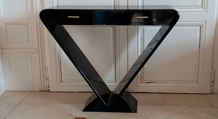 Console art déco double tiroirs bois teinte noire laquée