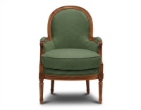 Fauteuil bergère mouluré style Louis XVI bois teinte ancienne et tissu vert foncé