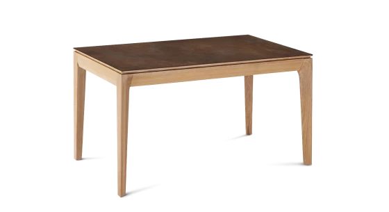Table extensible en chêne et céramique 6 à 10 personnes allonges céramique avec bois teinte naturelle et plateau et allonges céramique brun oxydé 140x90 cm