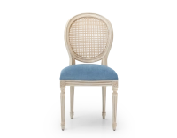Louis XVI style antique chair wood with white cerused finish, caned backrest, and blue denim seat. Louis XVI style antique chair wood with white cerused finish, caned backrest, and blue denim seat.
