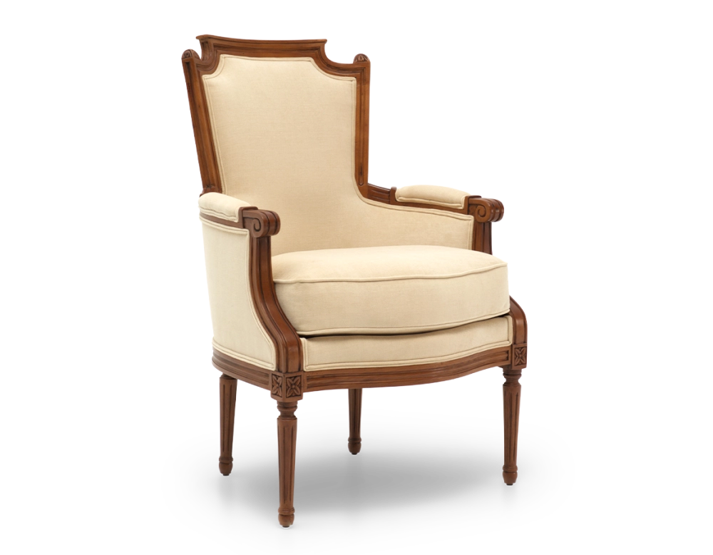 Fauteuil bergère style Louis XVI bois teinte ancienne et tissu crème Fauteuil bergère style Louis XVI bois teinte ancienne et tissu crème