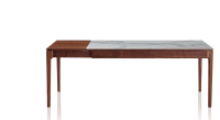 Table extensible 8 à 14 personnes en noyer et céramique allonges bois avec bois teinte naturelle et plateau céramique effet marbre blanc 210x100 cm Table extensible 8 à 14 personnes en noyer et céramique allonges bois avec bois teinte naturelle et plateau céramique effet marbre blanc 210x100 cm