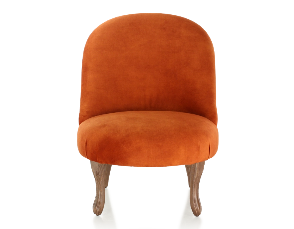 Fauteuil crapaud sans accoudoirs pieds bois teinte noyer et tissu velours terracotta Fauteuil crapaud sans accoudoirs pieds bois teinte noyer et tissu velours terracotta