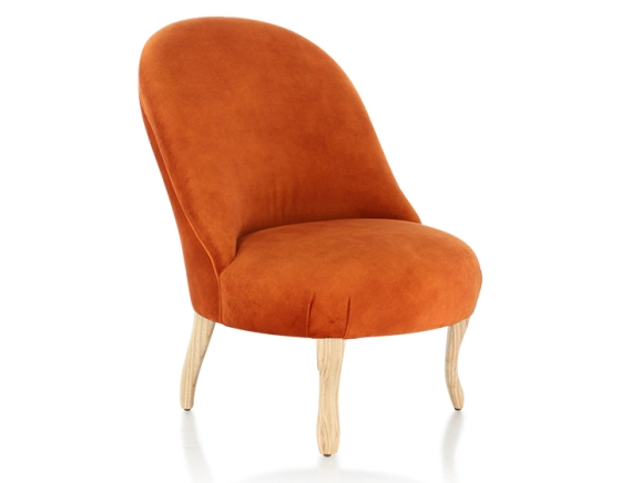 Fauteuil crapaud sans accoudoirs pieds bois teinte naturelle et tissu velours terracotta