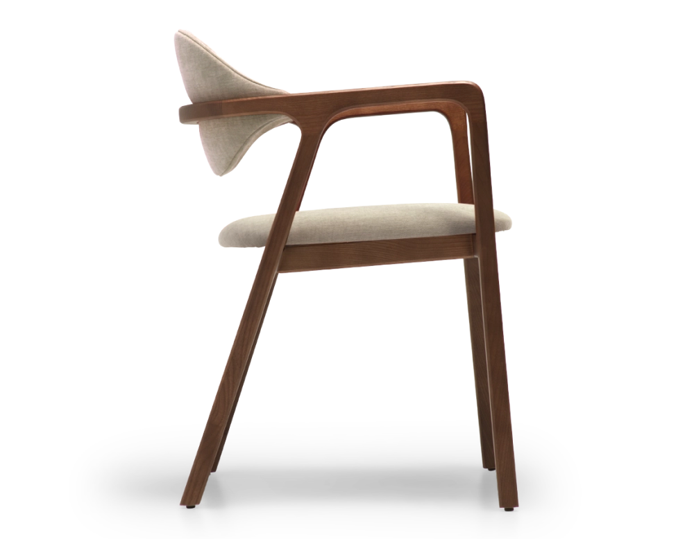 Designer armchair dark brown stained wood and taupe fabric. Designer armchair dark brown stained wood and taupe fabric.