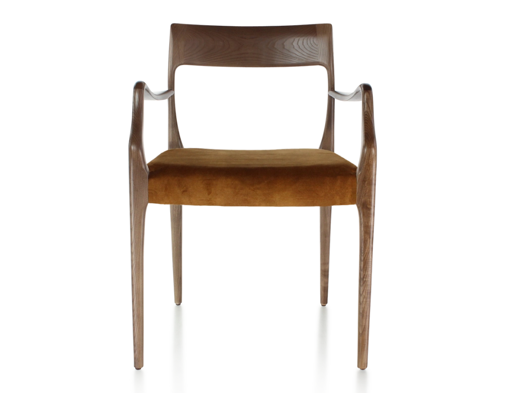 Chaise scandinave avec accoudoirs bois teinte marron foncé assise tissu velours bronze Chaise scandinave avec accoudoirs bois teinte marron foncé assise tissu velours bronze