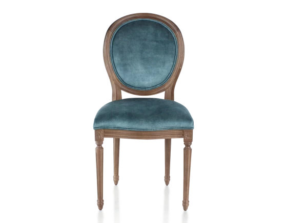 Chaise ancienne style Louis XVI bois teinte marron foncé et tissu velours bleu pétrole